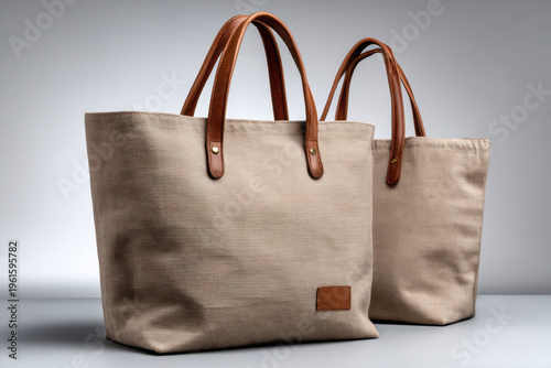 Two beige canvas tote bags with brown leather handles are displayed against a neutral background, highlighting their minimalist design and practical storage capabilities for everyday use