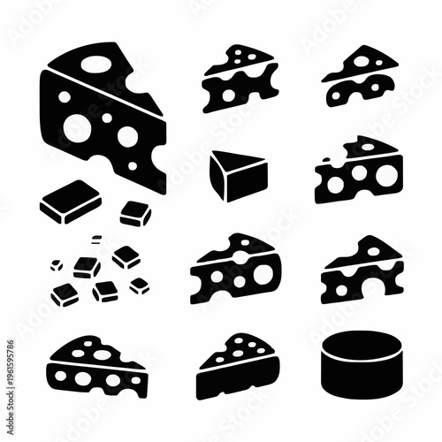 Vector Cheese Icon Set: Minimalist Flat Swiss and Cheddar Slices, Cubes, and Blocks Isolated on White