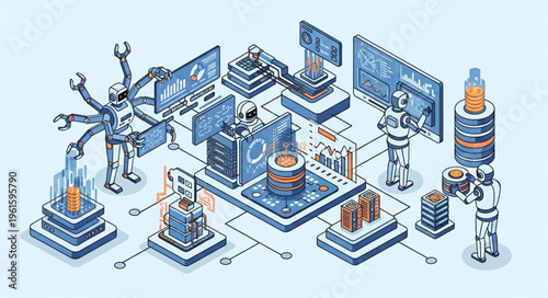 Automated factory with robots and computer systems illustration.