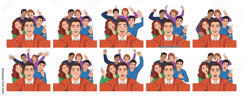 Fototapeta premium Group of Happy Friends Taking Selfie Character