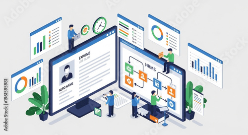 Isometric Illustration of Business Analytics and Data Visualization on Computer Screens.