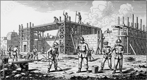 Construction Site Scene - Workers Building a Structure with Scaffolding.