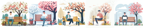 vector of man sitting on a park bench with a laptop in spring