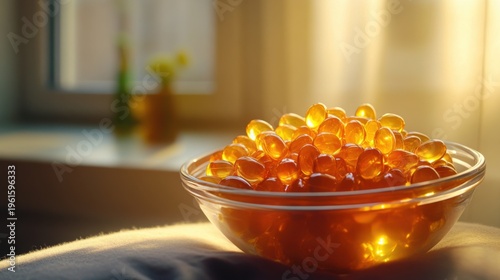 Amber Drops in Glass Dish Illuminated by Warm Sunlight