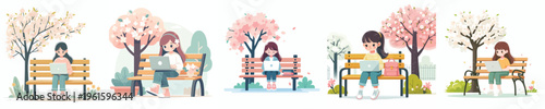 vector of little girl sitting on a park bench with a laptop in spring