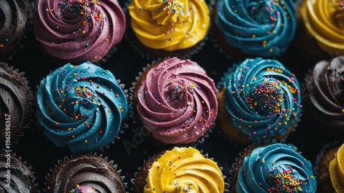 Assorted Cupcakes with Vibrant Frosting and Sprinkles