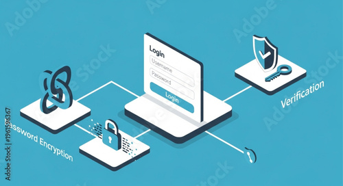 Isometric Illustration of Authentication Process with Encryption and Verification.