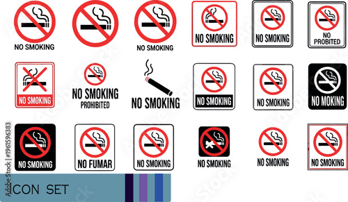 Print No Smoking Prohibition Sign and Tobacco Ban Icon Set