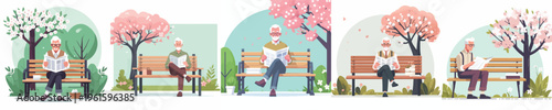 vector of grandpa sitting on a park bench reading newspaper in spring