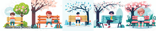 vector of little boy sitting on a park bench with a laptop in spring