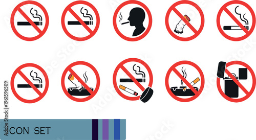 Print No Smoking Sign and Cigarette Prohibition Icon Set