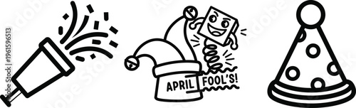 April fools day celebration kit featuring party popper and jack in the box toy