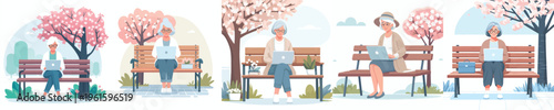 vector of grandma sitting on a park bench with a laptop in spring