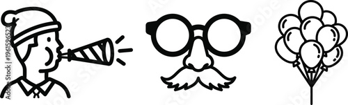 Classic disguise and party accessories featuring mustache glasses and balloons