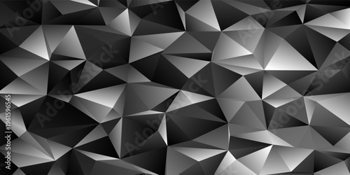 Monochrome Low Poly Geometric Background With Abstract 3D Triangular Facets And Gradient Shadows