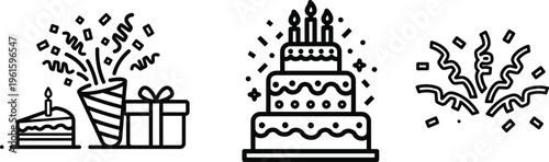 Birthday cake confetti popper gift box and party elements vector illustration