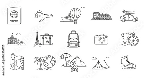 Collection of travel and adventure related icons for vacation planning.