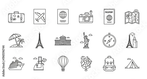 Collection of travel-related icons representing various aspects of tourism and exploration.