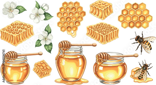 Honey and Beekeeping Vector Set Featuring Honeycomb, Bees, Glass Jars, Dipper, and Floral Elements for Natural Food and Organic Design