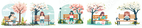 vector of little girl sitting on a park bench with a laptop in spring