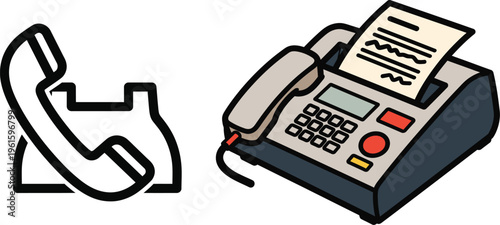Old fashioned telephone icon and a detailed fax machine on checkered background illustration