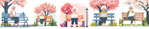 vector of grandma sitting on a park bench with a laptop in spring