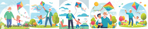 vector of happy grandpa with grandchild playing kite in spring