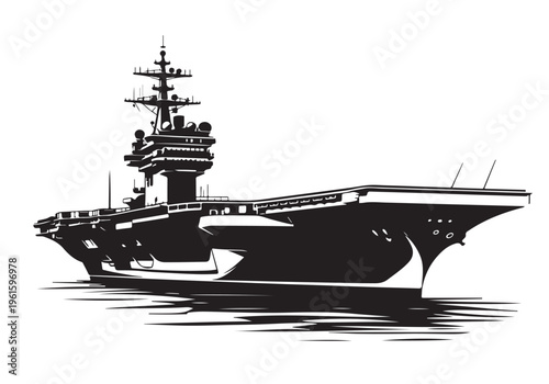 Aircraft Carrier Silhouette Vector, Military Warship Navy Ship Black Isolated Illustration