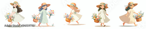 vector of a little girl walking with a basket of flowers in spring