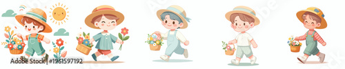 vector of a little boy walking with a basket of flowers in spring