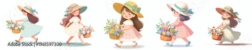 vector of a little girl walking with a basket of flowers in spring
