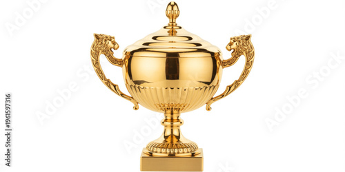 A shiny golden trophy cup featuring two ornate handles shaped like lion heads with a central lid Vector