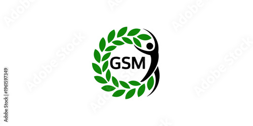 A circular logo design featuring green leaves and a stylized black human figure surrounding gsm Vector