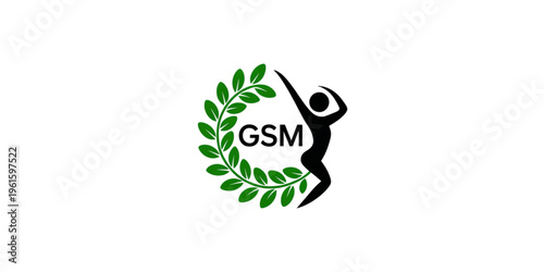 Gsm logo featuring a stylized human figure beside a green laurel wreath for wellness branding Vector