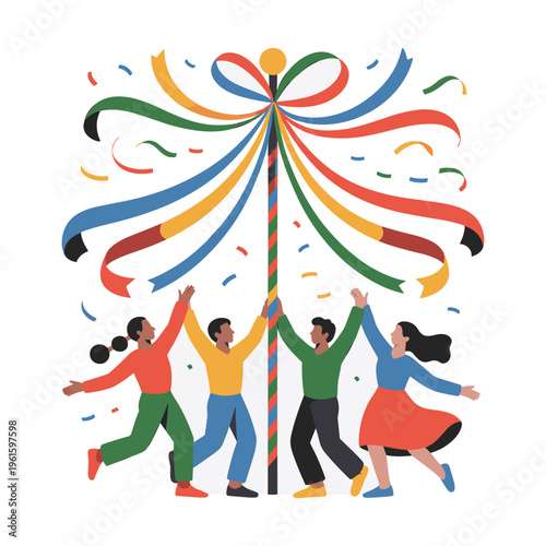 Diverse group celebrating with colorful maypole dance
