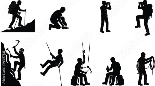 Silhuetas de pessoas praticando montanhismo, escalada e outras atividades de aventura ao ar livre, com equipamentos.