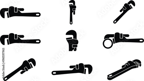 Silhuetas pretas de chaves de grifo em diferentes ângulos e posições, incluindo uma segurando um tubo, sobre um fundo branco.