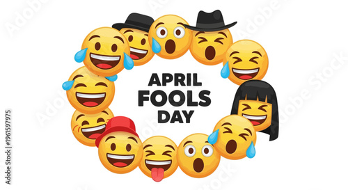 Colorful vector illustration of laughing emojis forming a circle around 'APRIL FOOLS DAY' text on a white background, conveying a playful prank concept with humor and jokes.
