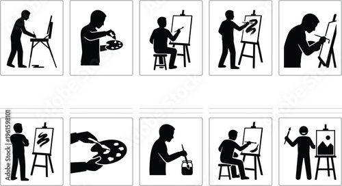 Silhuetas de artistas pintando em cavaletes, misturando tintas e segurando pincéis, ilustrando o processo criativo da pintura.