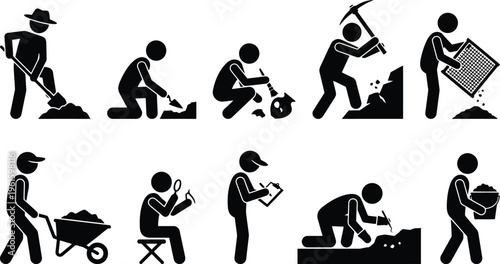 Pessoas trabalhando em escavação, arqueologia e construção, usando ferramentas como pás, picaretas e carrinhos de mão.