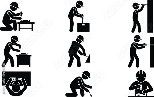 Verschiedene Piktogramme von Handwerkern bei der Arbeit mit Werkzeugen und Materialien.