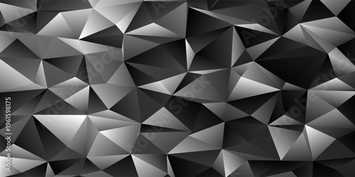 Monochrome Low Poly Geometric Background With Abstract 3D Triangular Facets And Gradient Shadows