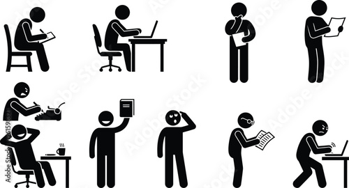 Várias figuras de palito pretas representando pessoas em diferentes atividades de trabalho, estudo e pensamento, incluindo escrita, leitura e uso de computador.
