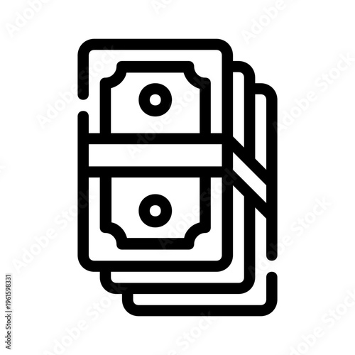 Black outlined icon of a stack of money suitable for financial and business presentations, websites, newsletters, and marketing materials.

