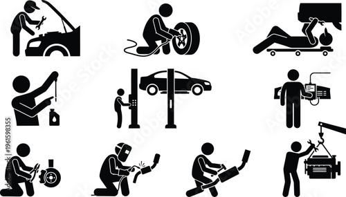 Ícones de mecânicos de automóveis realizando diversas tarefas de manutenção e reparo de veículos.