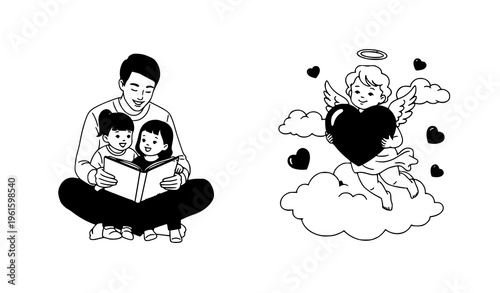 Hand drawn Asian family reading scene with child and floating cherub heart symbol vector illustration set for love and happiness