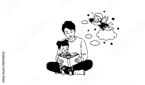 Happy Asian family reading together with child and cherub heart symbol hand drawn vector illustration for love and home concept