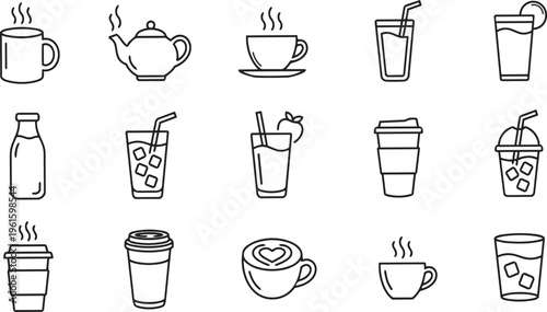Collection of beverage icons, including hot and cold drinks, tea, coffee, and juice