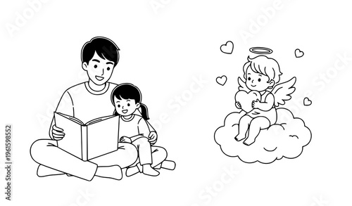 Asian parent reading book to child with cute cherub and heart cloud cartoon vector illustration for family love concept