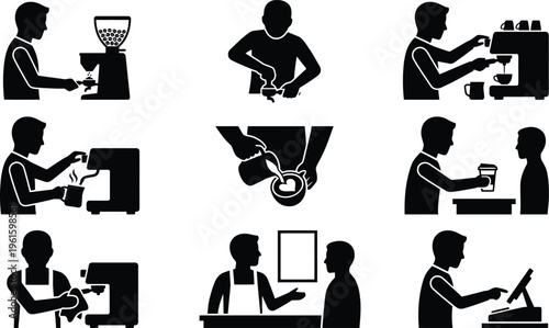 Conjunto de ícones em silhueta que detalham o processo completo de preparo e serviço de café, desde a moagem dos grãos até o atendimento ao cliente e o pagamento.